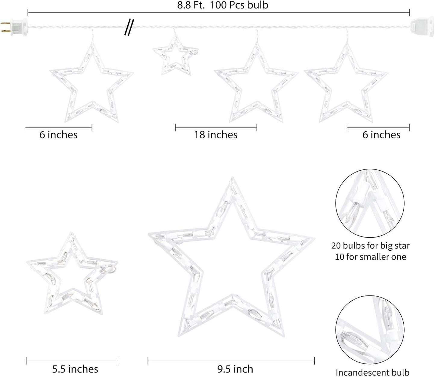 Minetom 9ft Star Christmas String Lights - 100 LED Bulbs, 6 Drops, Indoor/Outdoor, White
