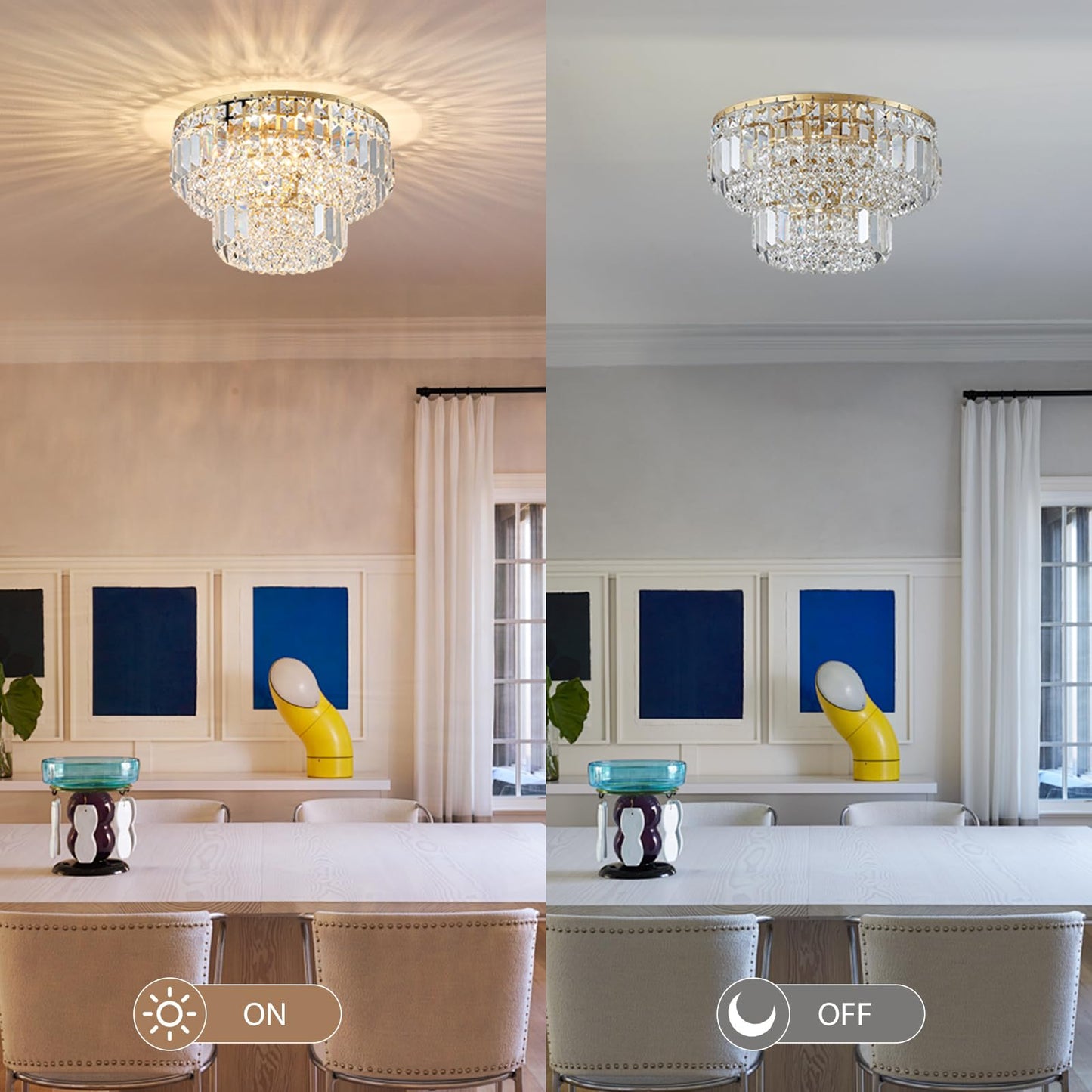 Bestier Modern Flush Mount Chandelier, Gold, LED Ceiling Light Fixture, 4 G9 Bulbs Required, 13in Diameter x 9in Height, Model AK-AJ-18176