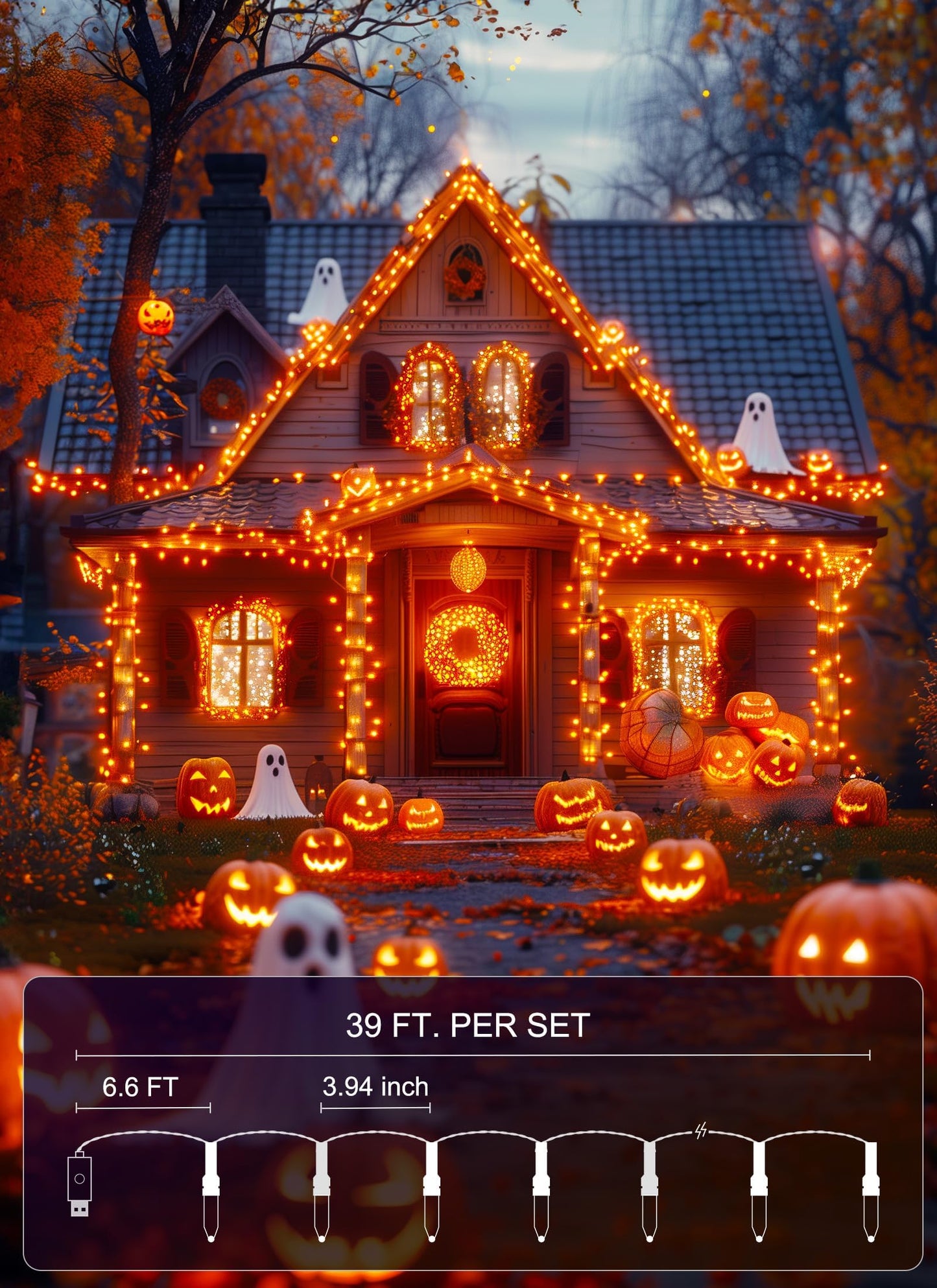 Minetom Halloween String Lights, 100 LED, 39 FT, Orange, USB Powered, 8 Modes, Indoor Decor for Holiday and Party
