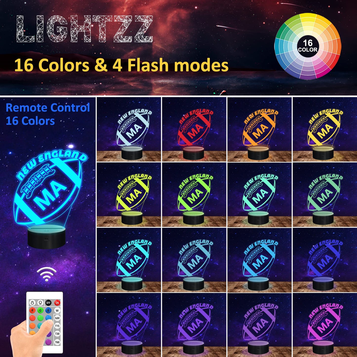 Lightzz 3D Football Night Light, Remote Control, 16 Colors, Acrylic, New England Multicoloured, Model FS-XXXYYY