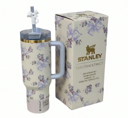 Stanley x LoveShackFancy Blue Bow Floral Quencher Tumbler 40oz – Stainless Steel Vacuum Insulated Cup with Handle & Straw
