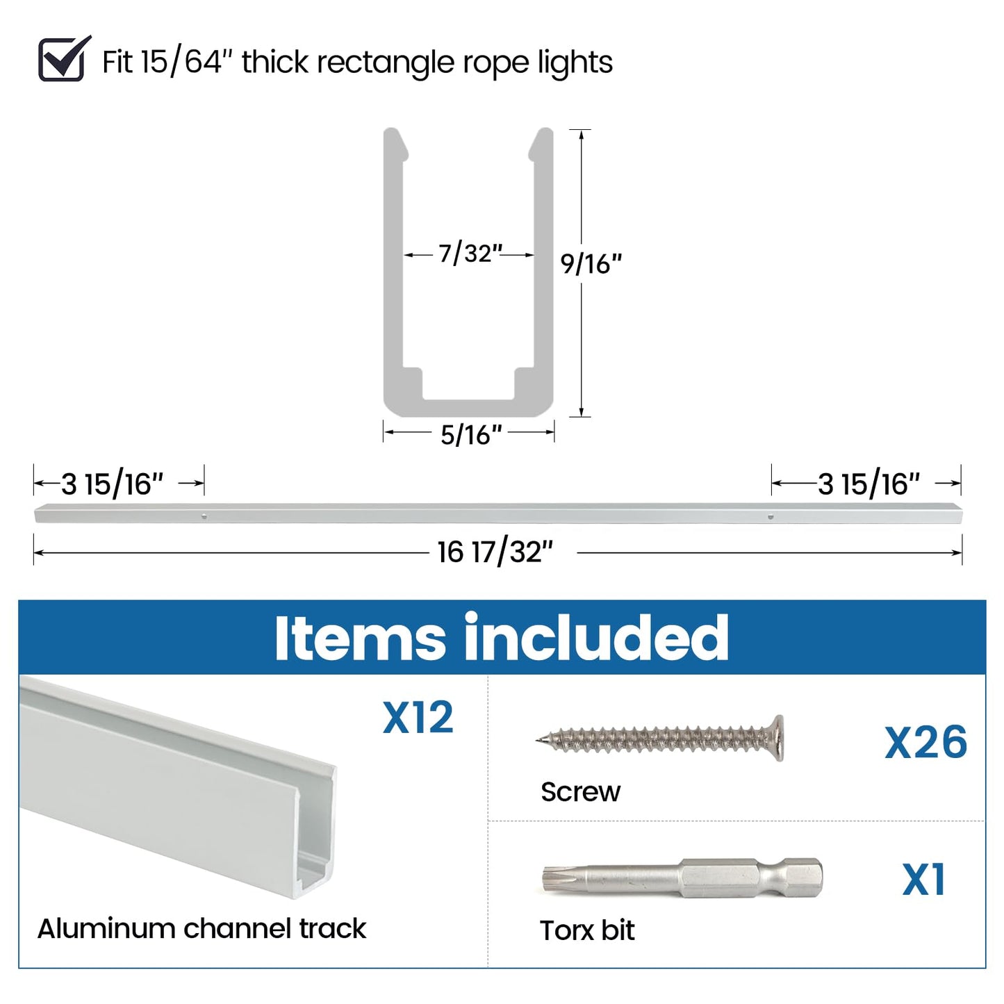 Muzata Rope Lights Track, Aluminum U Shape, Fits 6mm Width, 12 Pack, Silver, Model MZZ1933