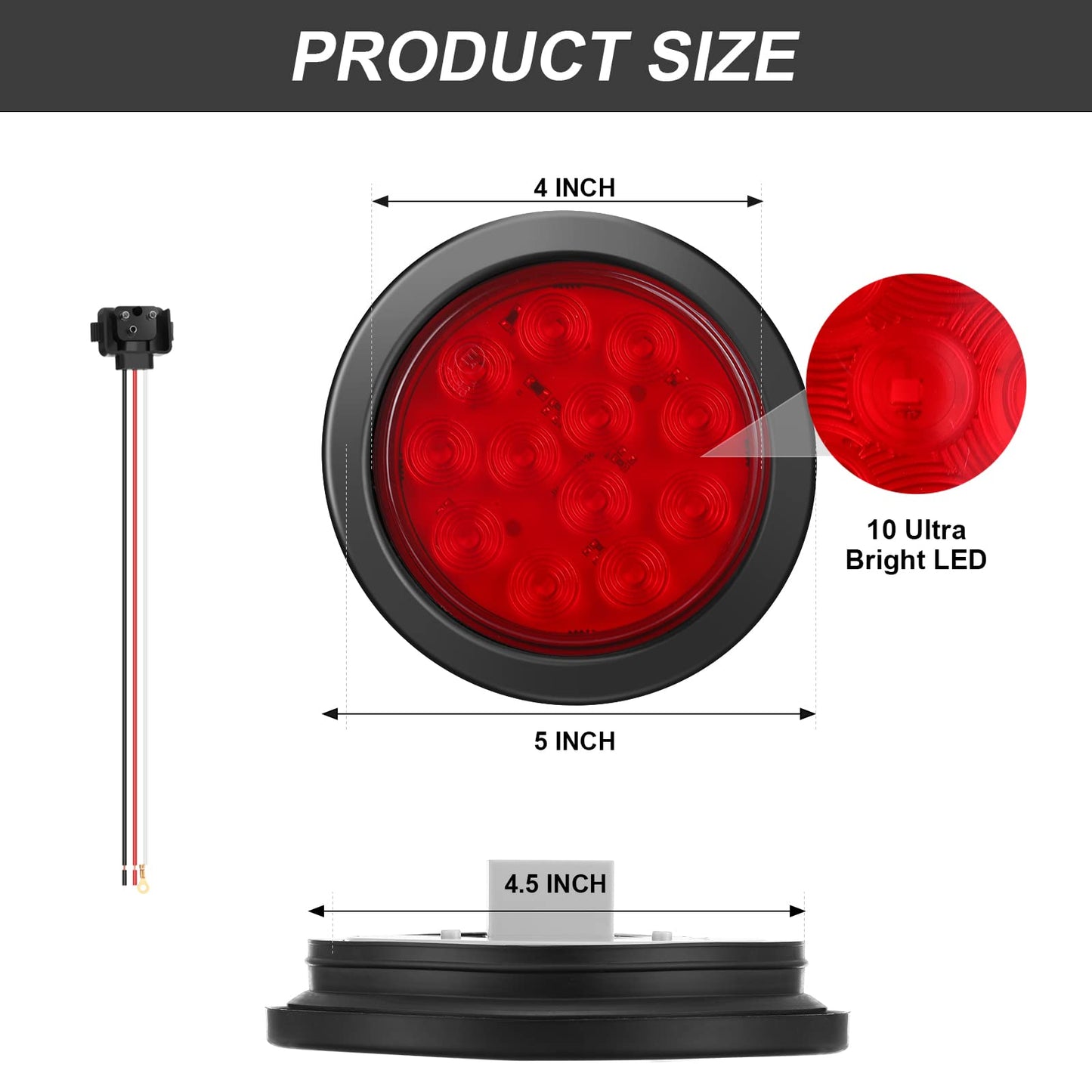 BBTO 12 Pcs 4 Inch Round LED Trailer Tail Lights, Waterproof Brake Stop Turn Marker Lights, Plastic, Red