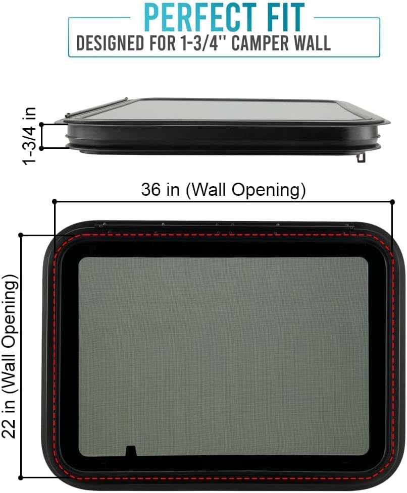 PRO FLEX Heavy Duty RV Exit Window - Tempered Glass, 36in W x 22in H, DOT Certified, Easy Installation, for 1-3/4in Wall Thickness