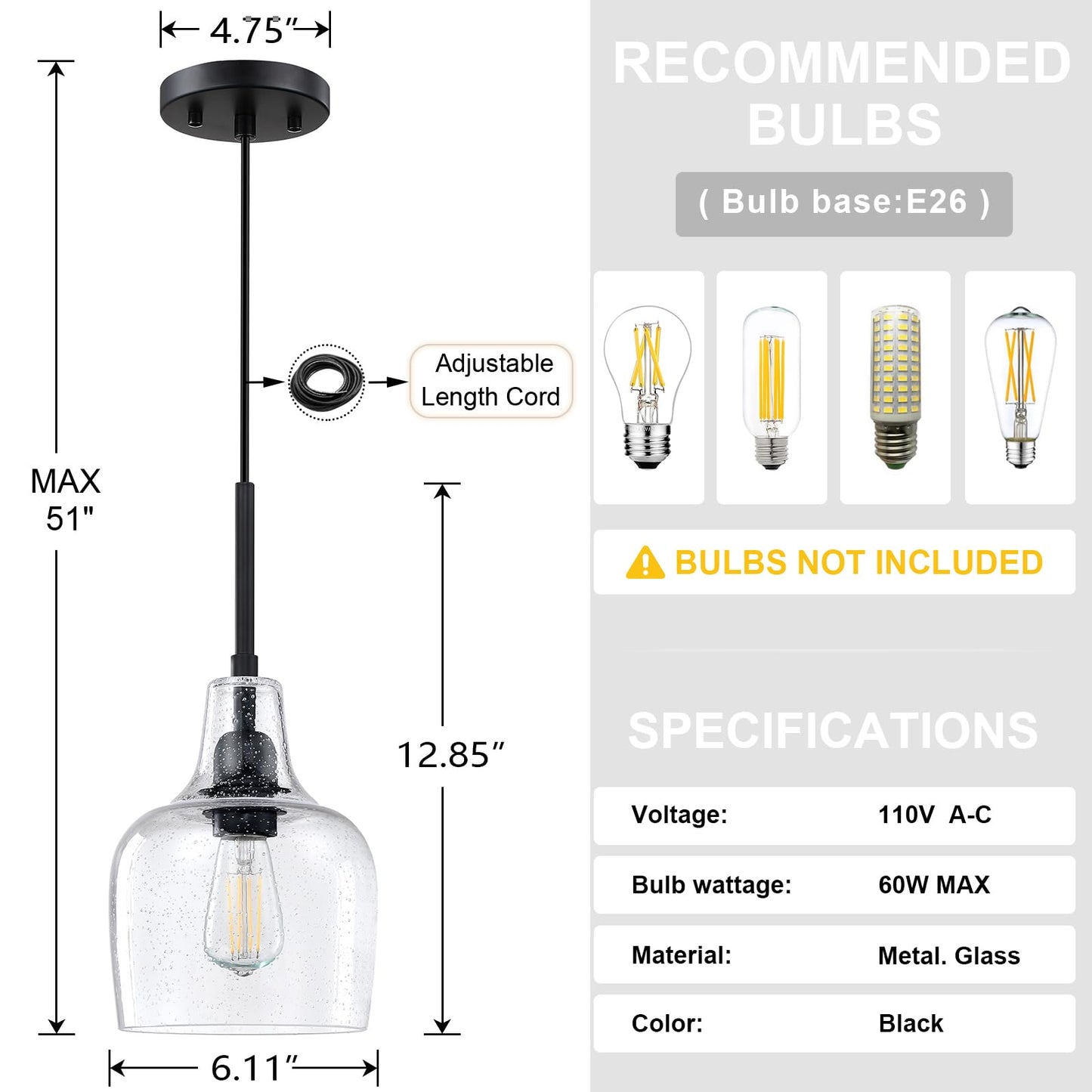 Dolaimy House 1 Light Indoor Pendant Light, 6.1in Clear Seeded Glass, Oil Rubbed Bronze, 3 Pack, Model X216CD102