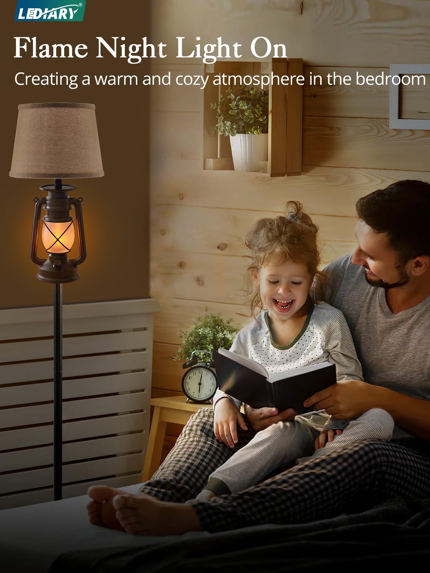 LEDIARY LED Flashing Flame Night Lantern Floor Lamp, Beige Linen Shade, Rustic Design, Bronze Brown & Black, Model LDD