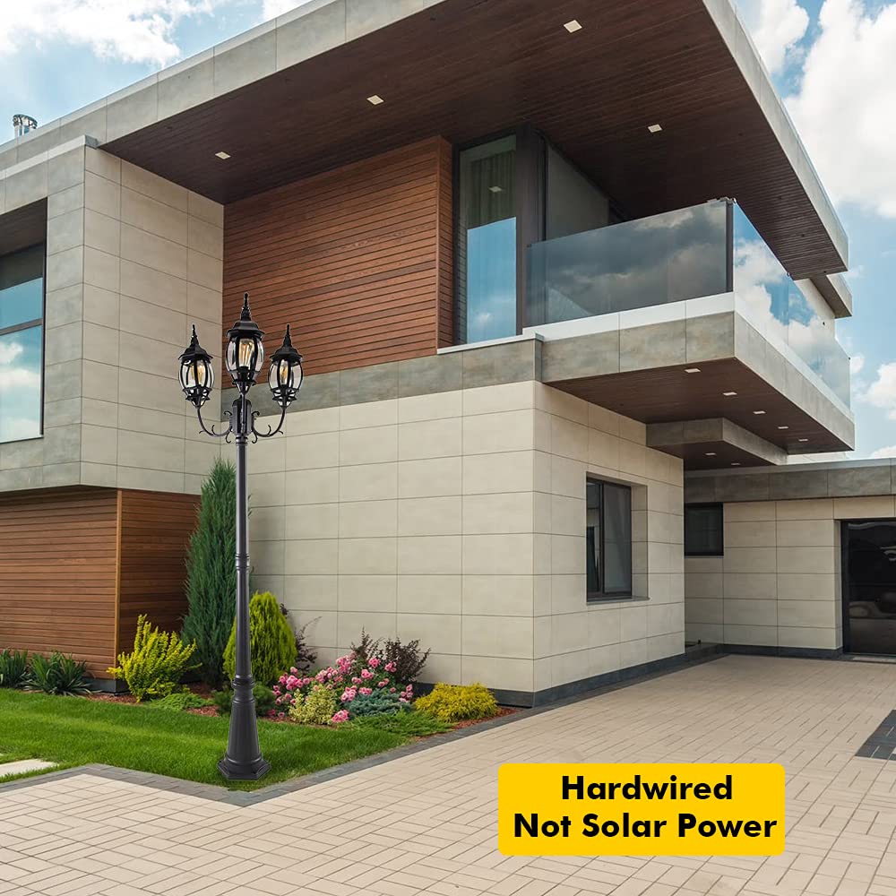 LUTEC LED Outdoor Post Light - Triple-Head Design, Hardwired, Black, 3 Oval Head + Post, Clear Glass Panels for Garden Pathway