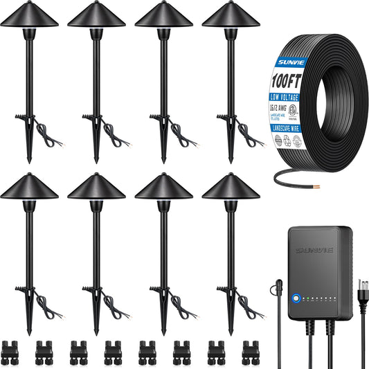 SUNVIE LED Low Voltage Landscape Lighting Kit, 8 Pack, 3000K, Black, Model KTWW8PB, Includes Connector Transformer and 100FT Wire