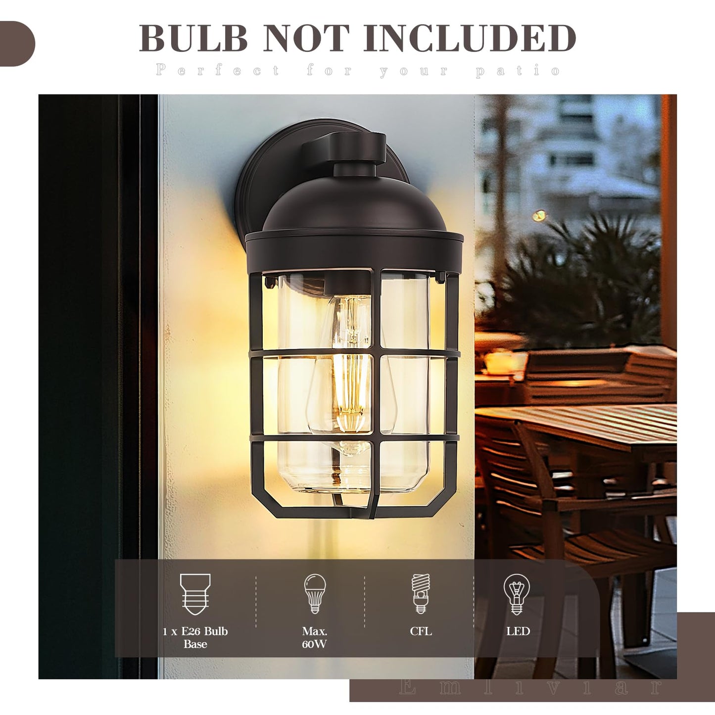 Emliviar Outdoor Wall Lamps 2 Pack, Waterproof Vintage Lighting, 11.3 Inch, Oil Rubbed Bronze with Clear Tempered Glass, Model GE255BL-2PK ORB