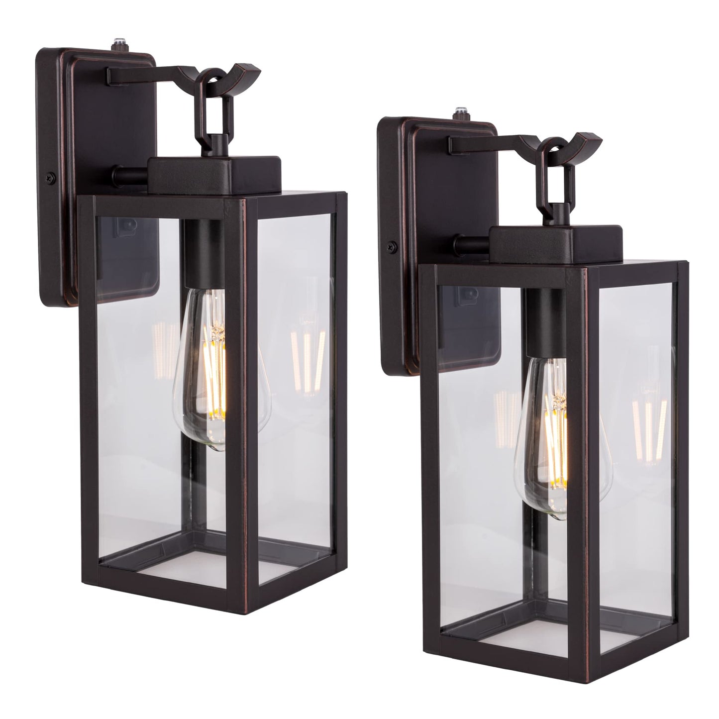 LIT-PaTH Outdoor Wall Lantern Sconce, Dusk to Dawn, Anti-Rust Metal, Glass Shade, 2-Pack, Oil Rubbed Bronze, E26 Base, Max 60W