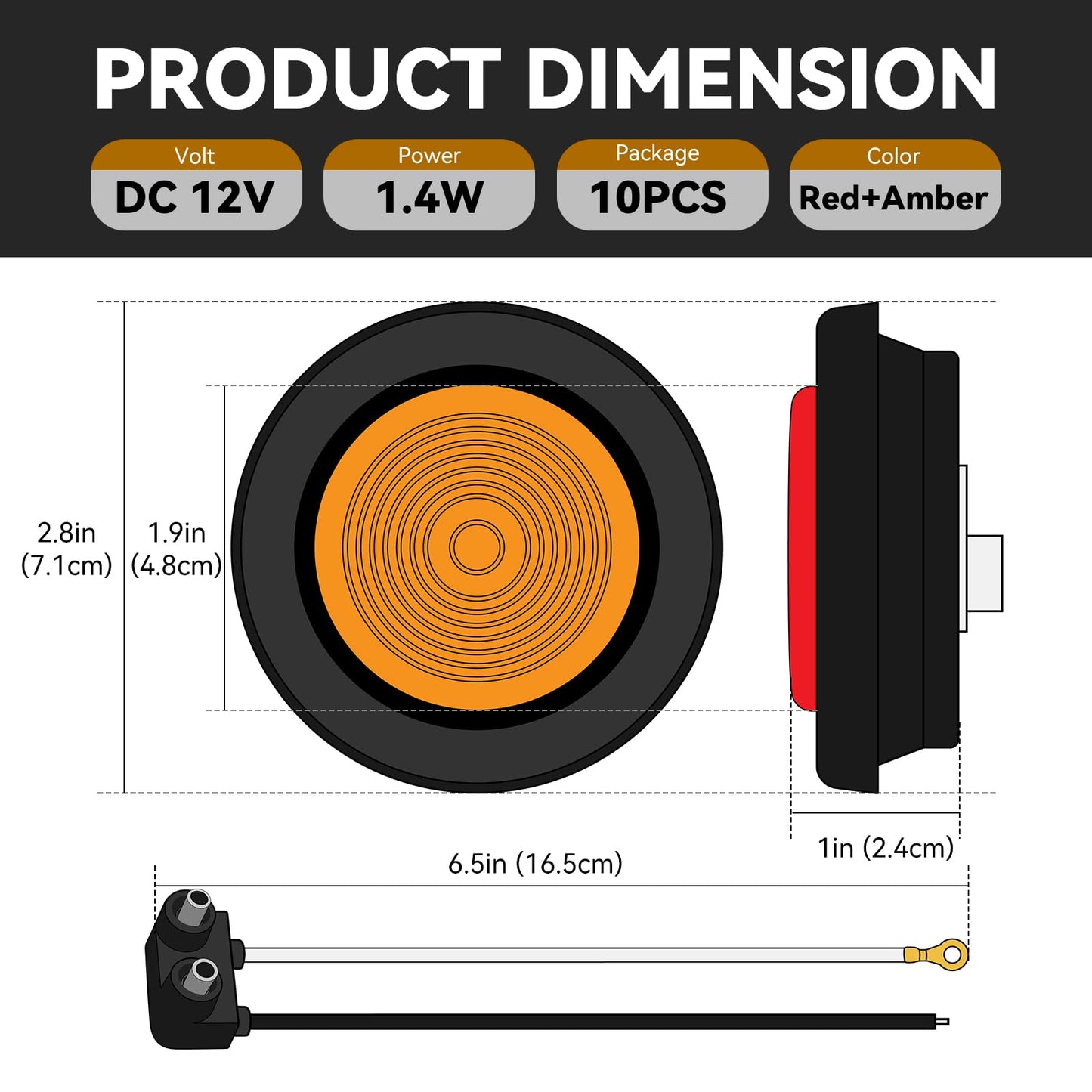 ULITECO 10PCS 2in Trailer Marker Lights Kit, 9 LED Round with Rubber Grommets & 2 Prong Pigtails, Waterproof, DOT Approved (5 Amber +
