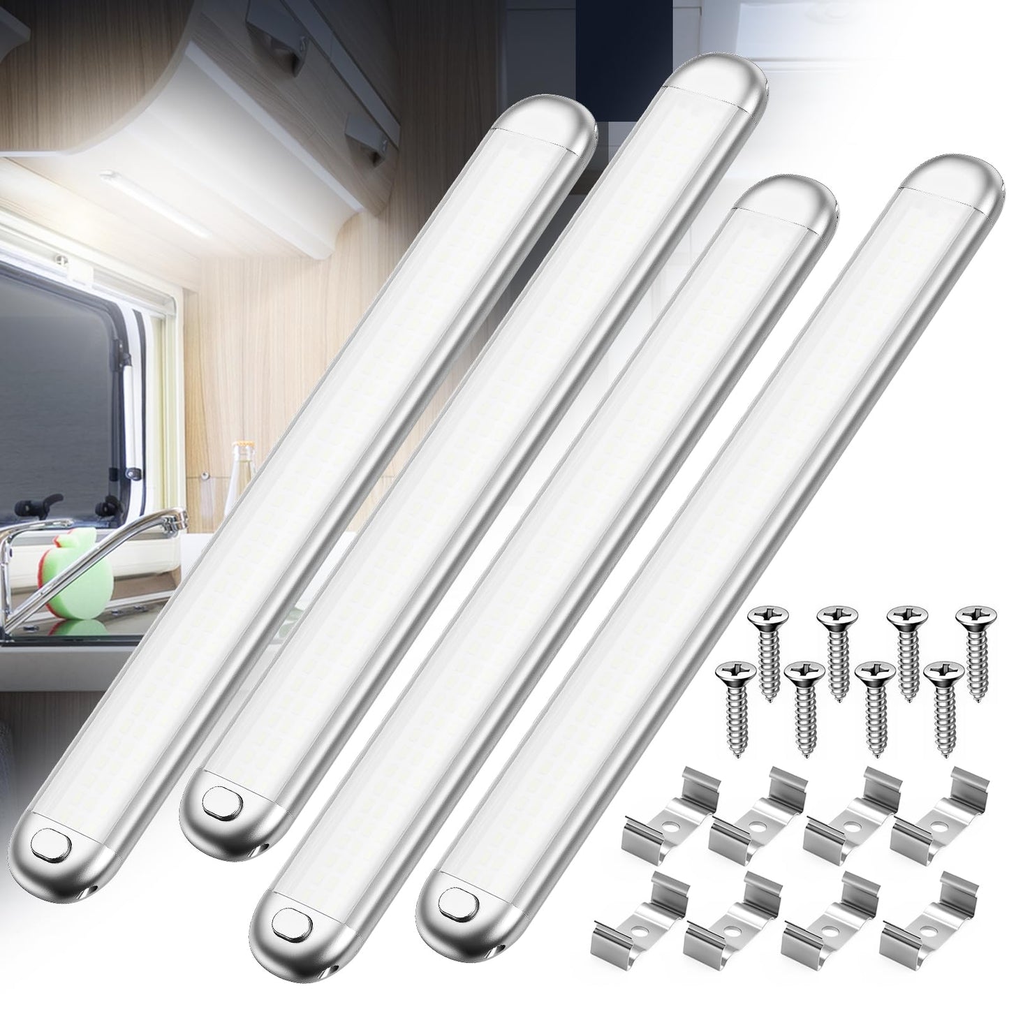 SEALIGHT 12V LED Interior Light Bar, 1500LM, 8W, Aluminum, White, Pack of 4