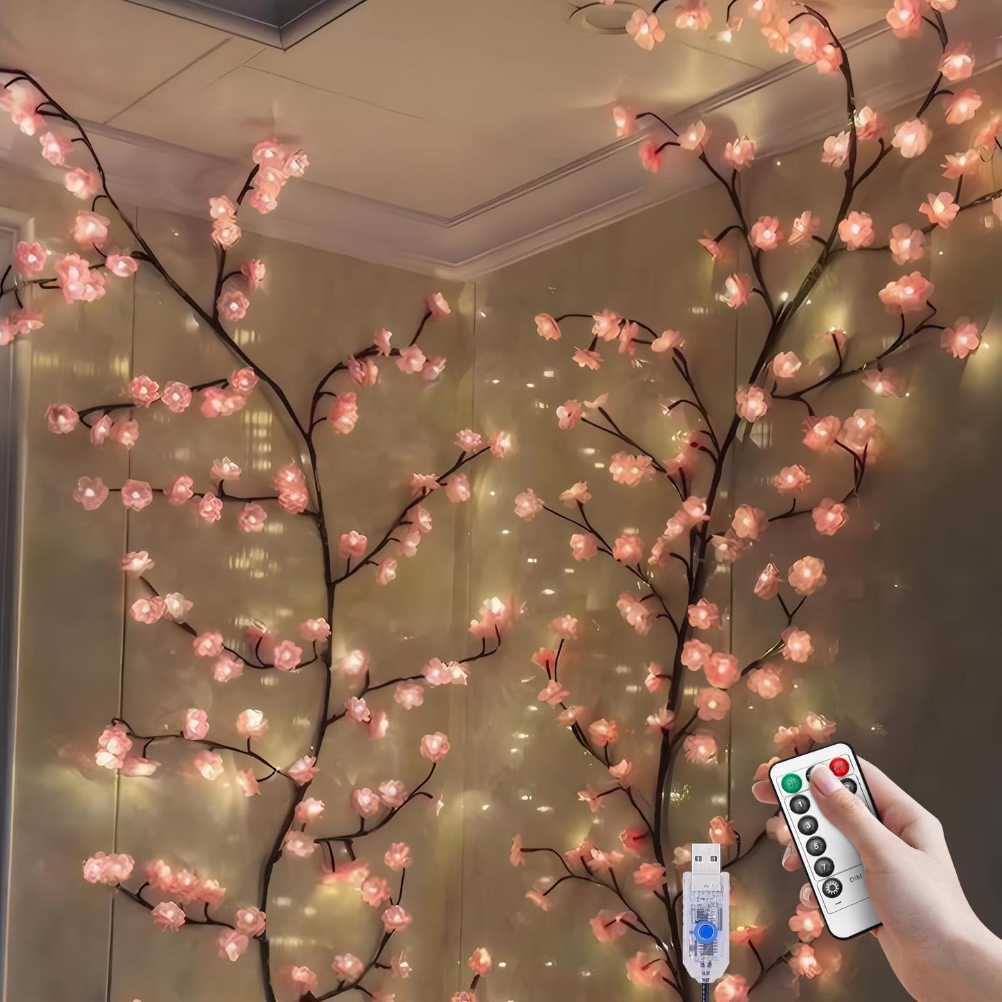 FIALAME DIY Cherry Blossom Lights, 5.91FT, 96 LED, Remote Timer, 8 Light Modes, Resin, Pink Decor for Bedroom and Christmas