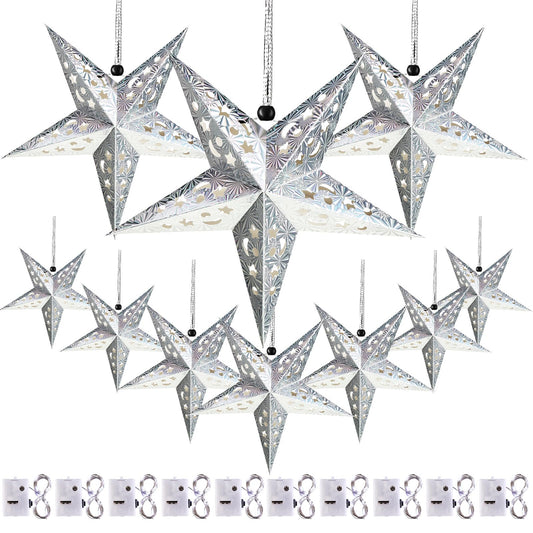 Zhanmai 10 Pcs Christmas Paper Star Lantern Lampshade 3D Hanging Lights with 20 LED, Silver