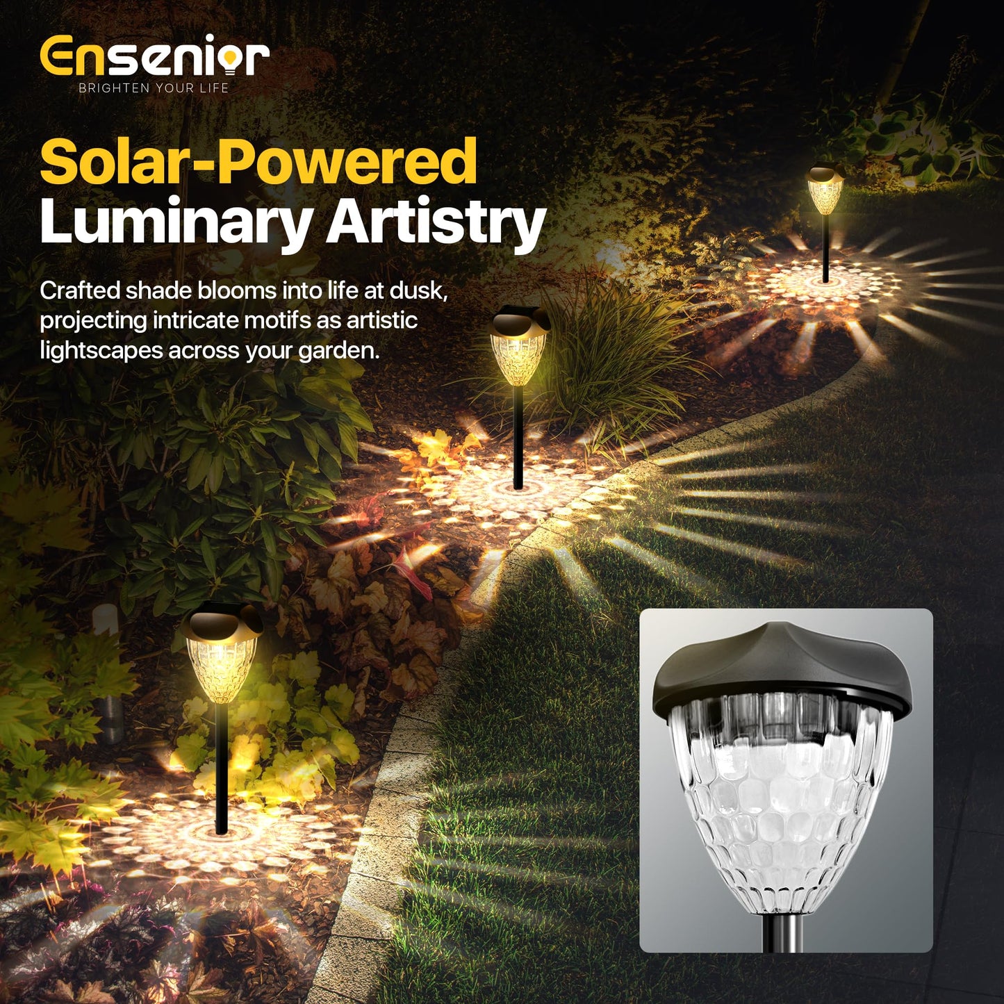 Ensenior 12-Pack Solar Garden Lights, Warm White LED, Auto ON/OFF, Waterproof, Plastic, Model CP3-10CM-30K-12-BL-ZY-M02