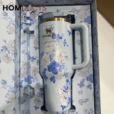 Blue Flowers Stanley Quencher Tumbler 40oz with Gift Box – Insulated Travel Mug with Handle & Straw